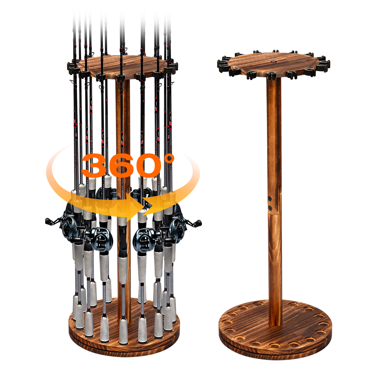 Fishing Rod Pod - Yuvarlak Kömürleşmiş Ahşap Olta Tutucu Döndürülebilir